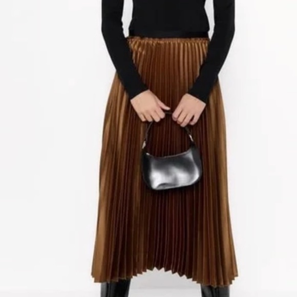 Zara Dresses & Skirts - NWOT Zara Bronze Pleated Midi Skirt, Elastic Waistband, Women’s M